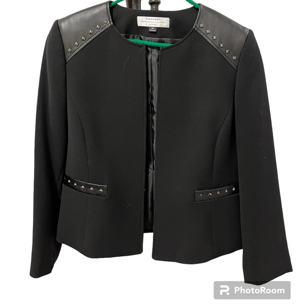 Tahari black short jacket with vegan leather and black metal details
